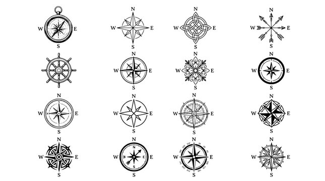 Compass rose and navigational symbols set with thin line compass points, etched circle elements, and star wind rose icons