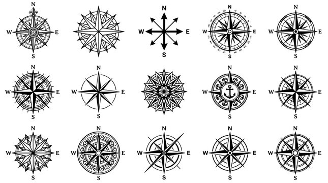 Compass rose icon set with nautical star, etched lines, and cardinal directions for navigation map design