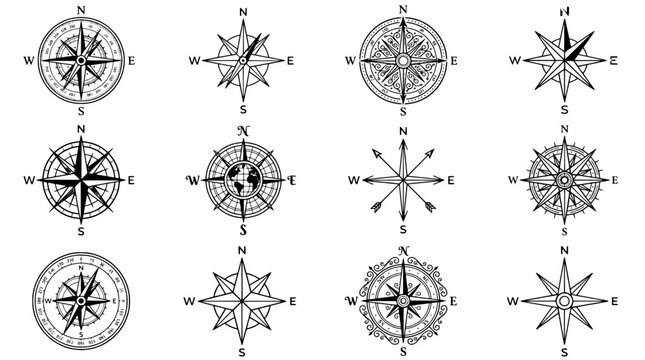 Compass rose icon set with ornate black linework, decorative wind direction marks and minimalist navigation design