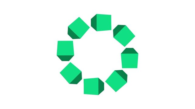 A circular arrangement of sharp dark green triangular shards forms a spinning ring icon on a clean white background