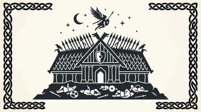 Viking Hall with Warrior Symbols and Celestial Elements.