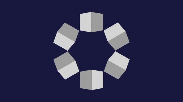 A ring of white 3D cube shapes arranged in a circular formation floats against a deep blue gradient dark background