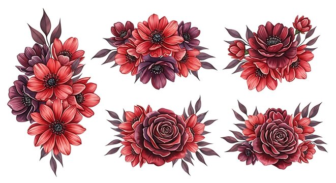 Watercolor dark red anemone and burgundy flowers seamless pattern background