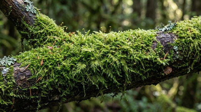 Moss Species (Bryophytes) on Tree Branches, Soft Green Carpet-Like Growth, Macro Forest Texture, Natural Plant Biology Background