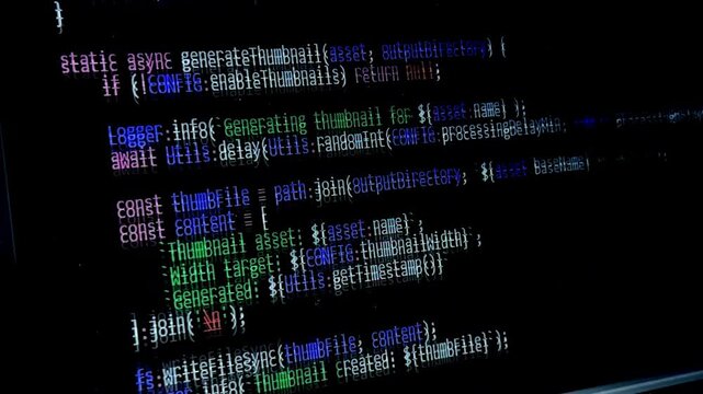 Code scrolls on a dark screen. Programming lines move across the display in close up. Software development and debugging workflow for technology content..