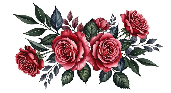 Watercolor vibrant red roses and dark green leaves bouquet arrangement