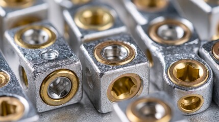 Obraz premium Closeup medium shot of aluminum terminal lugs emphasizing lightweight mechanical connectors designed for efficient electrical conductor terminations.