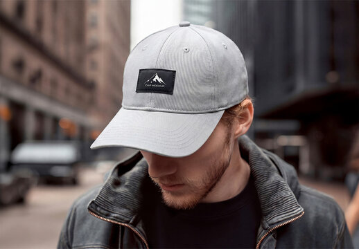 Man in the Street Wearing a Cap with Embroidered Logo Mockup