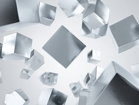 Silver cubes float against a soft, blurred white background, casting subtle shadows