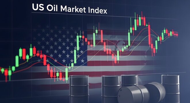 US Oil Market Index with stock graph and oil barrels for the concept of Economy and Industry.