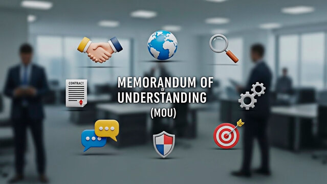 Memorandum of Understanding (MOU) explained with icons, representing agreement and partnership in business, concept for contract and deal.