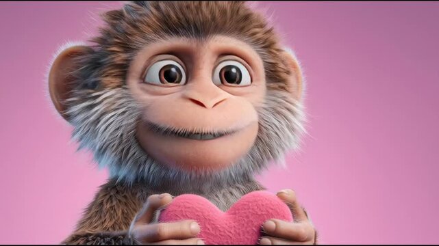 Adorable cartoon monkey holding a pink heart with a loving expression and soft pink background