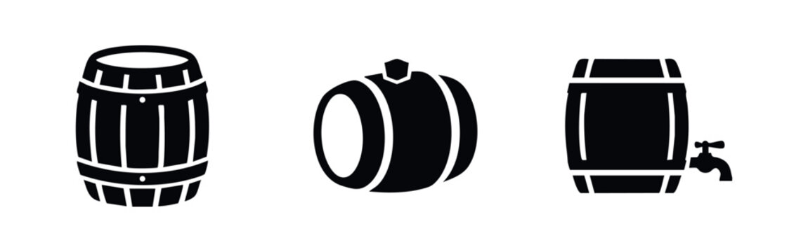 Wooden barrels and keg icons. Alcohol and beverage storage symbols.