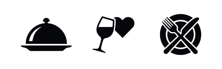 Fototapeta premium Dining and romance icon set. Cloche, wine, and cutlery symbols for restaurant.