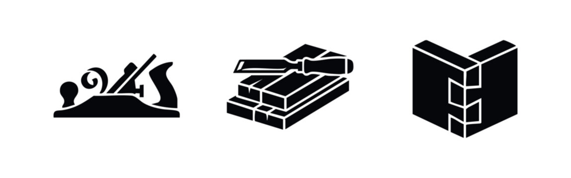 Woodworking tools and joinery icon set. Hand plane, chisel, and dovetail symbols.