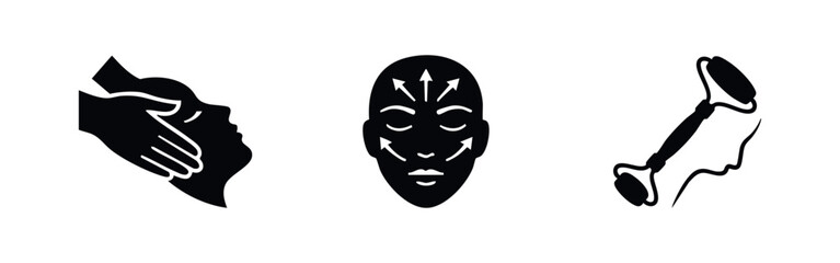 Facial massage and skincare icons, featuring face massage, anti-aging treatment, and jade roller. © Lili