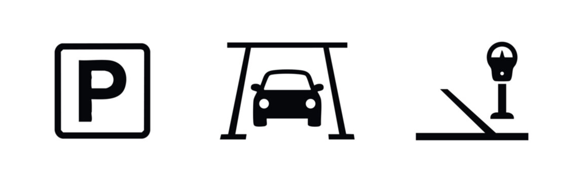 Parking services icon set, including a parking sign, garage, and parking meter symbol.