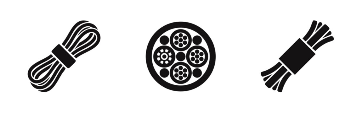 Cable and wire icons set, featuring coiled rope, cable cross-section, and bundled wires.