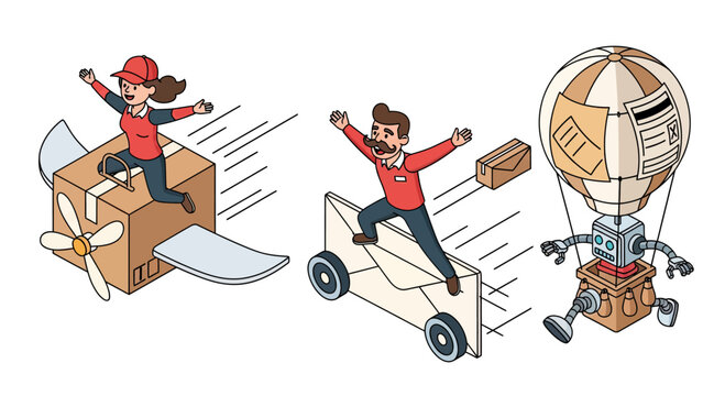 Creative cartoon illustration of postal workers delivering mail using unconventional, fast transportation methods like a box airplane, an envelope car, and a robot hot air balloon.