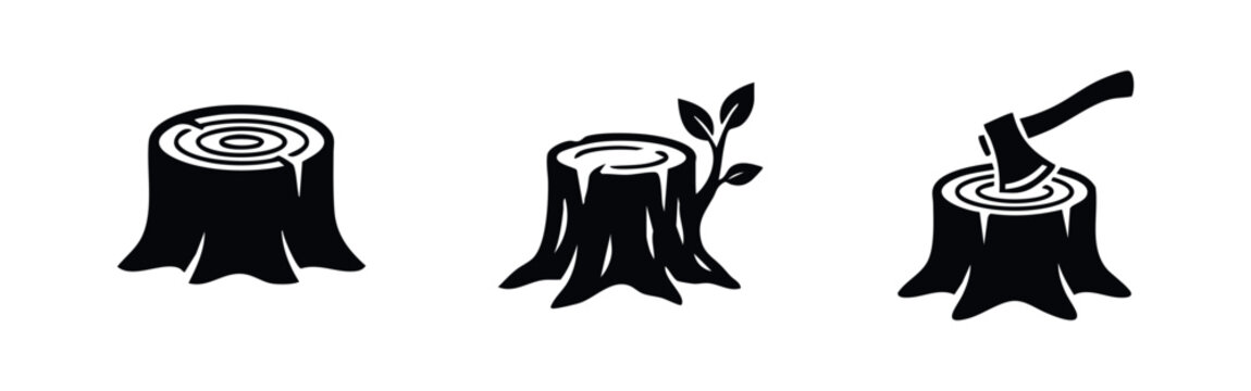 Tree stump icons representing logging, deforestation, and regeneration.