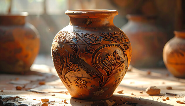 Close up of a clay pot with floral carving soft sunlight studio setting