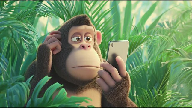 A confused cartoon monkey sits in lush green jungle foliage while holding and looking at a smartphone with a puzzled