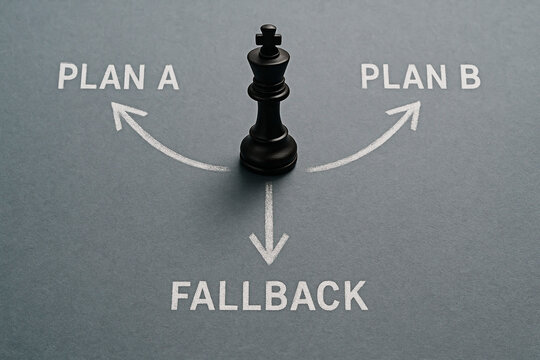 Chess king at a crossroads with Plan A, Plan B, and Fallback options, representing strategy and decision making.
