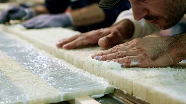 Closeup of fiberglass sheets being precisely arranged and coated with resin by skilled workers emphasizing durability and corrosion resistance.