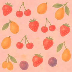Obraz premium Seamless watercolor pattern of mixed spring and summer fruits including strawberries, cherries, and loquats. generated by AI.