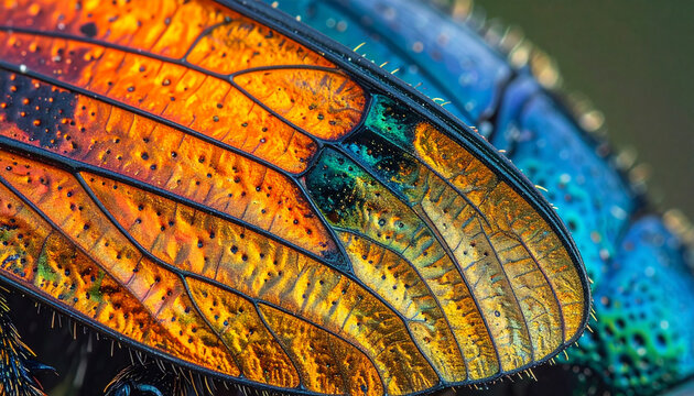Close up of a colorful insect wing showcasing intricate patterns and textures