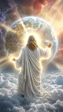 Savior Divine Creator: God create, Earth concept, world shape, cosmic beginning, celestial influence, holy presence, heavenly light, spirit power, globe form, sacred act, mighty hand, universe design.