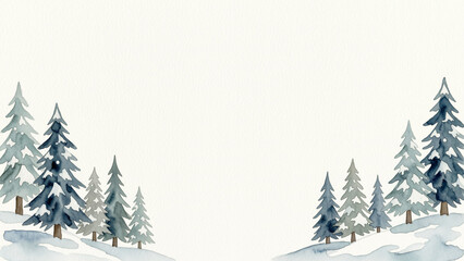 Fototapeta premium Minimal watercolor winter landscape border with snowy pine trees in the lower corners and large blank copy space.