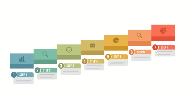 A colorful infographic displays various icons and rectangles in a row on a white background with different categories.