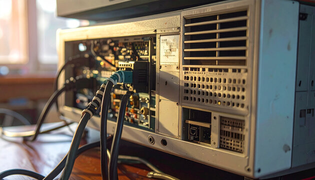 Close up of a computer component with cables and electronic connections