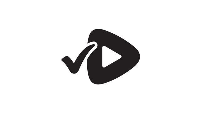 Rounded triangle media icon stands alongside a prominent checkmark to represent verified content.