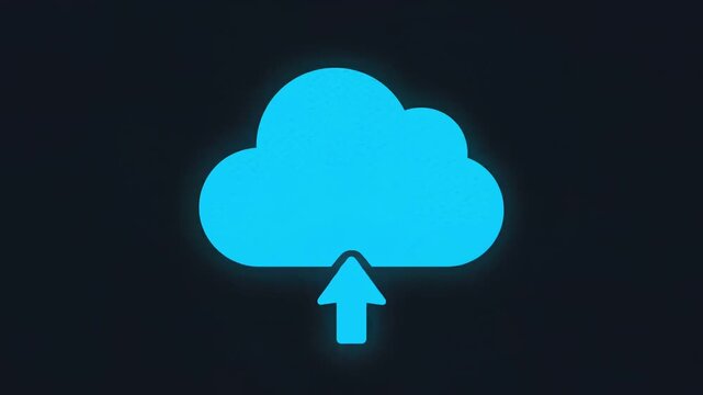 Minimalist cloud upload animation featuring a white arrow moving upward with a blue glow on a dark background