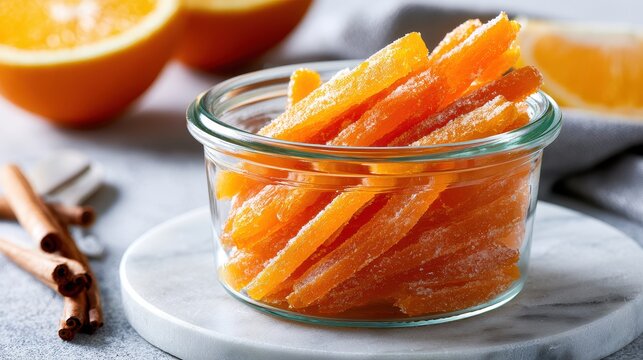 Candied orange peels in a glass jar with cinnamon sticks on a marble surface