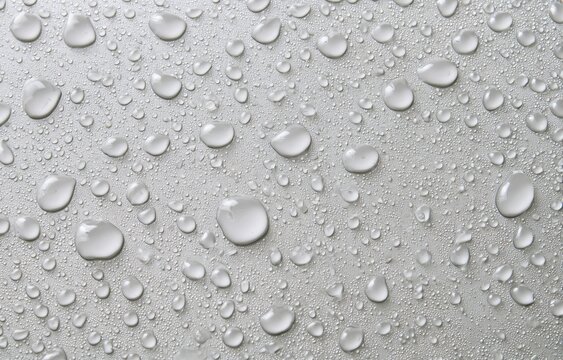 Silver surface covered in numerous water droplets of various sizes, glistening with light