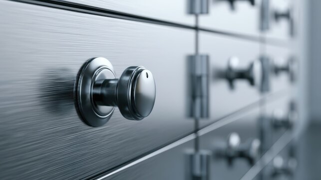Close-up of a brushed metal cabinet with chrome knobs, organized drawers, modern design