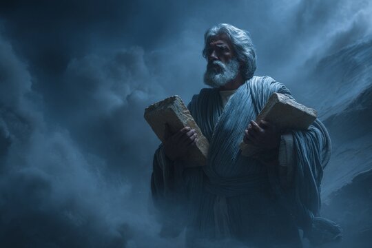 Moses descending a stormy mountain holding the Ten Commandments, symbolizing faith, and devine covenant