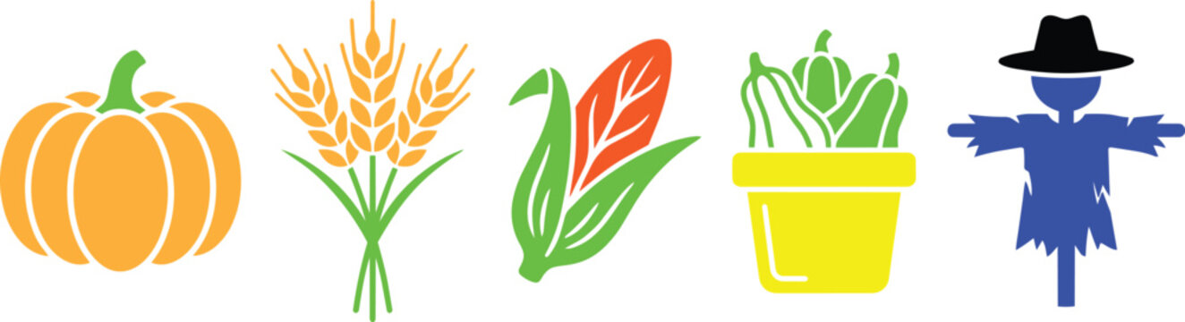 Collection of harvest icons: pumpkin wheat corn peppers scarecrow with harvest festival seasonal food autumn harvest fall season harvest time scarecrow vegetable