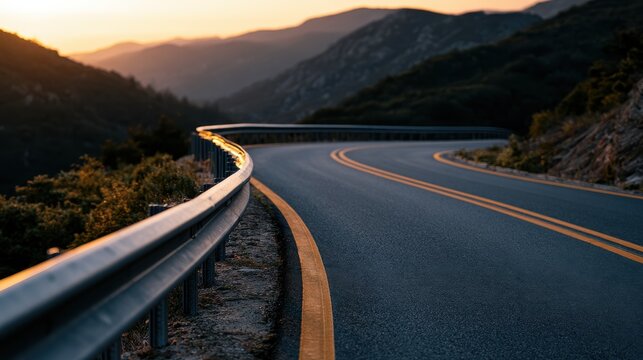 Winding asphalt mountain road with guardrail at sunset during golden hour