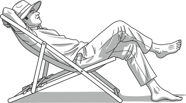 Man wearing a hat reclining on a beach chair outdoors relaxed