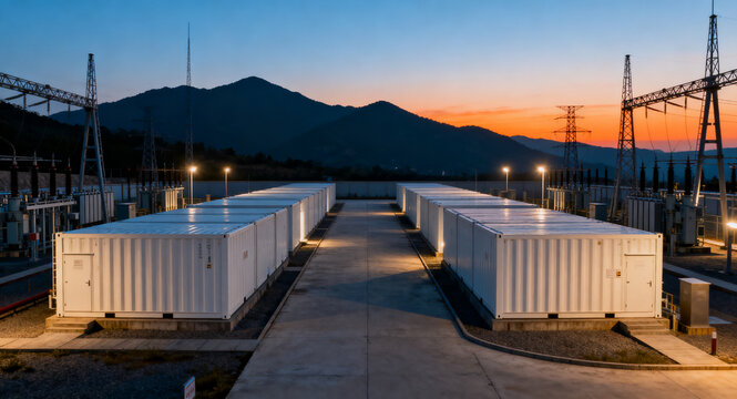 Dusk industrial landscape with rows of large, modern energy storage containers and power lines against a mountain backdrop