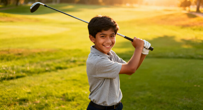 A joyful young boy enthusiastically practicing his golf swing on a sun-drenched green course, looking confidently at the camera and embracing outdoor recreational sports