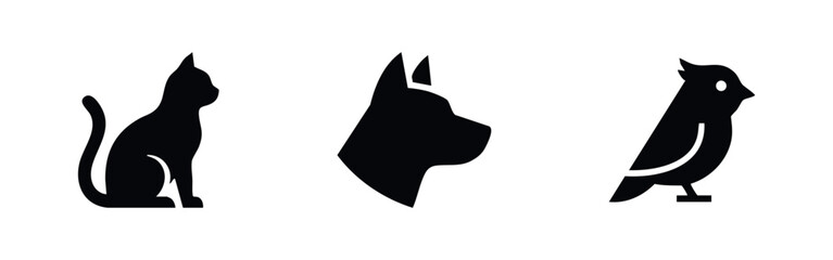 Cat, dog, and bird pet animal silhouettes, diverse representations of domestic and wild species. © Lili