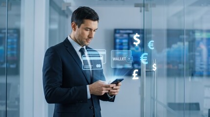 Fototapeta premium FinTech and Digital Wallet Concept: Business Professional using Smartphone with Holographic Credit Cards and Global Currency Icons