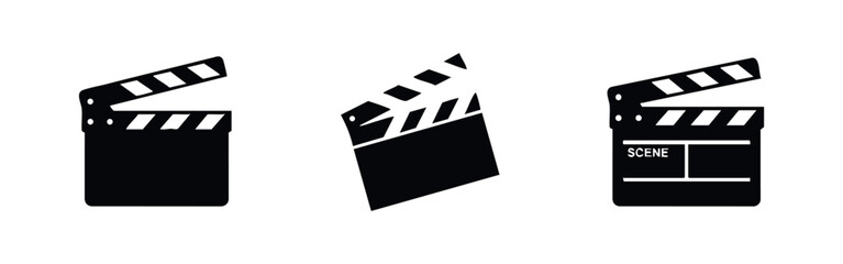 Film movie clapper board icons, essential tools for cinema production and scene marking. © Lili