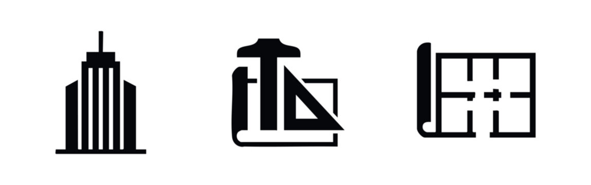 Architecture and planning icons set with skyscraper, drafting tools on blueprint, and a floor plan layout symbols