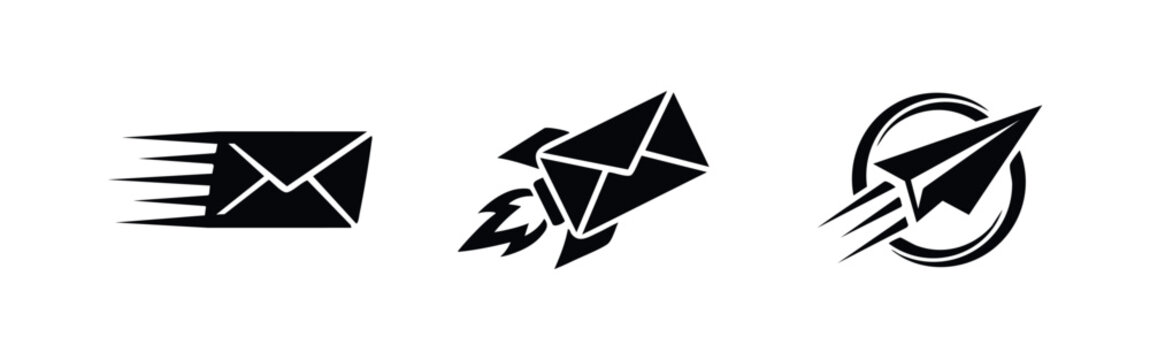 Fast mail and express delivery icons set with speed communication symbols like rocket envelopes and paper planes